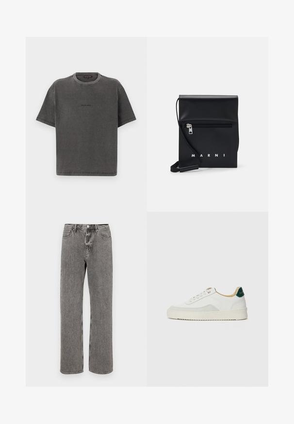 Gray, short-sleeve shirt made of denim material; features a crew neck and a subtle logo in black on the chest; solid color without patterns.; Gray denim jeans featuring a straight-leg cut, five-pocket design, and a button closure at the waistband. Subtle faded texture throughout.; White sneaker with suede accents, rounded toe, flat laces, and a cream rubber sole. Features green branding on the heel.; Black leather crossbody bag with a zippered front pocket, embossed logo, and adjustable strap. Smooth texture with a structured shape.