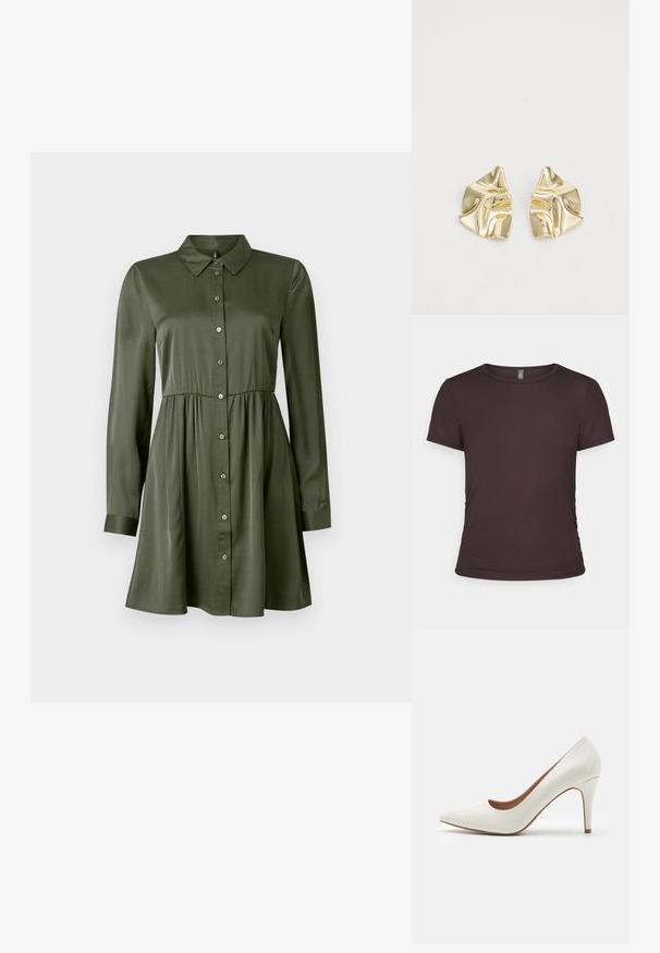 Lyhythihainen ruskea t-paita ribbikudoksesta, jossa on pyöreä pääntie ja muotoiltu malli. Paitassa on hillittyjä sivusomisteita.; Vihreä oliivi pitkähihaista napitettavaa mekkoa, jossa on istuva vyötärö ja kaulus, hieman levenevä hameosa sekäGPS-hihansuut.; Valkoinen lakaistettu korkeakorkoinen kenkä, jossa on terävä kärki ja sileä pinta, hennolla korolla ja matalalla leikkauksella avauksessa.; Michael Kors kääröbeige pinnoitettua kangasta, jossa on toistuva MK-logo -kuvio, kultaiset yksityiskohdat ja irrotettava ketjuhihna.; Kultaiset metalliset korvakorut, joissa on aaltoileva muotoilu; sileä, heijastava pinta; epäsymmetrinen muoto; ei näkyviä kuvioita tai mekanismeja.