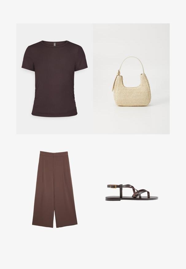 Hnědé tričko s krátkým rukávem vyrobené z ribbed tkaniny, s kulatým výstřihem a přiléhavým střihem, které obsahuje jemné detaily v oblasti bočních záhybů.; Hnědé široké kalhoty s hladkou texturou, vysokým pasem a předními záhyby. Materiál je lehký a volně splývá.; Hnědé kožené sandály s kříženými pásky, uzavřením na přezku u kotníku a plochou podrážkou s minimem švů.; Tkaná slámová kabelka v béžové barvě s zakřiveným tvarem, krátkým držadlem a bočním zipem. Vyznačuje se texturovaným povrchem a minimalistickým designem.
