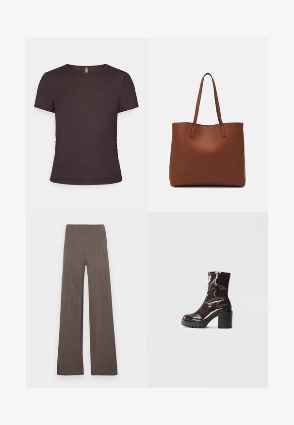 Short-sleeve brown t-shirt made of ribbed fabric with a round neckline and fitted design, featuring subtle side gathering details.; Ribbed wide-leg pants in a dark brown color, featuring a stretchy waistband and a soft, textured fabric.; Glossy burgundy ankle boot with a chunky black heel, featuring a smooth texture and simple design. No visible fastenings or patterns.; Brown leather tote bag with a smooth texture, open top design, and two shoulder straps. Features minimal stitching and no visible hardware.