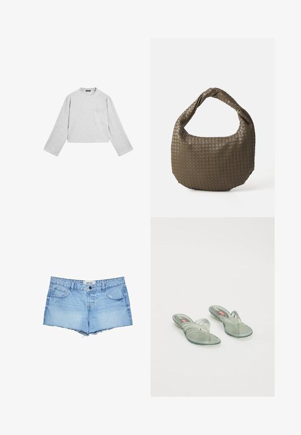Graues, tailliertes Langarmshirt aus weichem Stoff. Mit rundem Hals und einer einzelnen Brusttasche. Glatte Textur mit einem lässigen Design.; Helleblaue Denim-Shorts mit ausgefranstem Saum, fünf Taschen, einer vorderen Knopfverschluss und einem Markenlabel am Taillenbund.; Transparente Jelly-Sandalen mit gewelltem Design, ausgestattet mit einem Zehensteg und einem geriffelten Sohlenmuster. Die Farben umfassen hellgrün und klare Töne.; Geflochtene olivgrüne Handtasche mit runder Form und gedrehter Tragegriff. Strukturiert Oberfläche mit diagonaler Musterung. Reißverschlussverschluss.