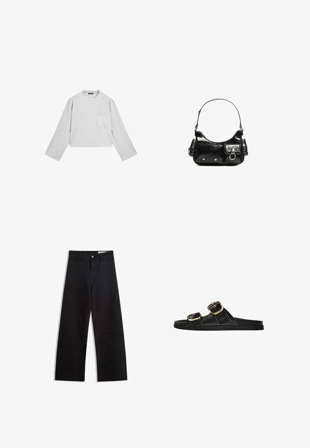 Graues, tailliertes Langarmshirt aus weichem Stoff. Mit rundem Hals und einer einzelnen Brusttasche. Glatte Textur mit einem lässigen Design.; Schwarze weit geschnittene Jeans mit hoher Taille, ausgestattet mit Vorder- und Hintertaschen, gesteppten Nähten und einem Knopfverschluss. Glatte Textur.; Schwarze Riemensandale mit zwei goldenen Schnallendetails, glattem Material, flachem Sohlen und minimalistischer Gestaltung.; Schwarze Lackleder-Handtasche mit geschwungenem Design, einem Schulterriemen, Vordertaschen und silberfarbenen Hardware-Akzenten.