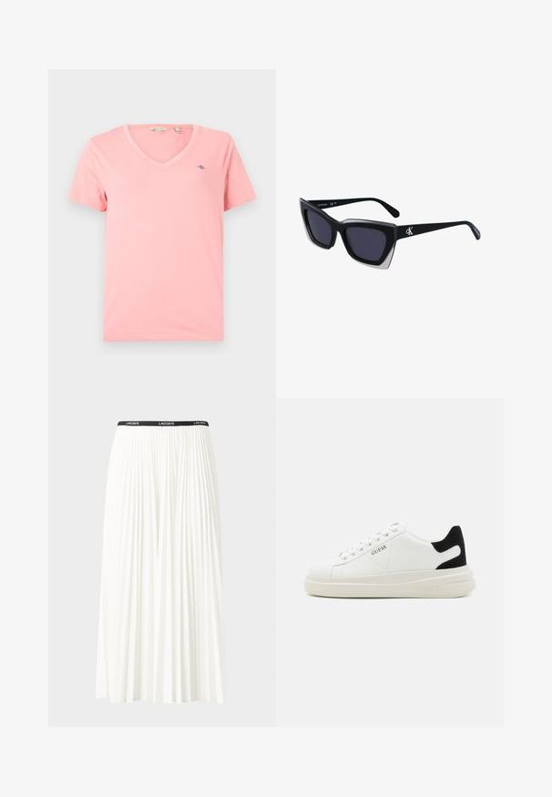 Rosa V-hals T-skjorte laget av myk bomull, med korte ermer og en liten logo på venstre bryst. Enkel, ensfarget design.; Plissert hvit skjørt med en svart elastisk midje som har "LACOSTE"-logoen. Midjelengde design med myk tekstur.; Hvite lær sneakers med tykk hvit såle, svart semsket hælforsterkning og preget logo på siden. Snøresystem med seks hull.; Store svarte solbriller i overdimensjonert størrelse med geometrisk form, med mørke linser og en kontrasterende grå detalj på rammen. Logo på armen.
