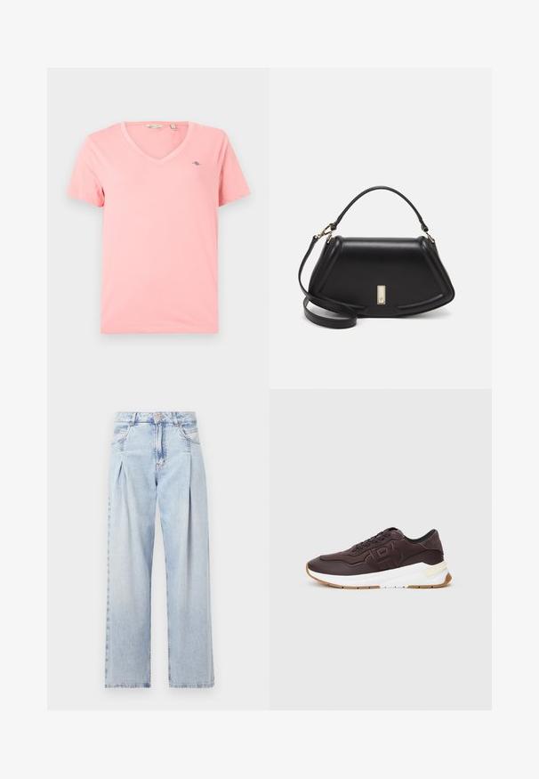 Ružová V-krk tričko vyrobené z jemnej bavlny, s krátkymi rukávmi a malým logom na ľavej hrudi. Jednoduchý dizajn v jednotnej farbe.; Svetlomodré džínsy s vysokým pásom, širším strihom po celej dĺžke, dvoma bočnými vreckami a skladaným dizajnom. Mäkka textúra s vyblednutým vzhľadom.; Tmavohnedé tenisky s čiernym lemovaním, vyrazeným logom na strane, bielou hrubou podrážkou a gumenou podrážkou na hladkom pozadí.; Čierna kožená kabelka so štruktúrovaným dizajnom, s krátkym tvarom, hornou rúčkou a zlatými prvkami. Súčasťou je nastaviteľný ramenný popruh.