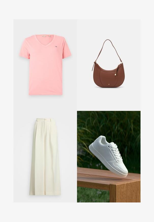 T-shirt rosa em V, feita de algodão macio, com mangas curtas e um pequeno logótipo no lado esquerdo do peito. Design simples e de uma única cor.; Calças de perna larga em tecido bege claro, com cintura alta, pregas duplas e fecho de botão. Textura suave e design ajustado.; Sapatilha branca com um cabedal sintético liso, caixa dos dedos perfurada, atacadores planos e uma sola texturizada, exposta sobre uma superfície de madeira.; Mala de ombro em pele sintética castanha com forma curva, costura minimalista e detalhe em metal dourado. Apresenta fecho de zíper no topo e alça ajustável.