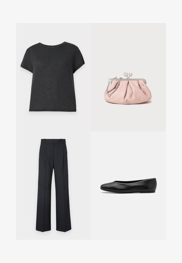Temno siva majica s kratkimi rokavi in okroglim izrezom, izdelana iz mehke in gladke tkanine, z udobnim krojem in minimalnim dizajnom.; Temno modri hlače s pinstripi, visokim pasom, širokimi nogami in brez vidnih kovinskih delov ali okrasnih elementov. Gladka tekstura in prilagojen kroj.; Paul Smith TOPANGA - Balerinke - black; Roza usnjena torbica s gubanjem, kovinskim okvirjem, dvema okroglima zaponkama in srebrnim verižnim trakcem. Gladka tekstura, kompaktna oblika.
