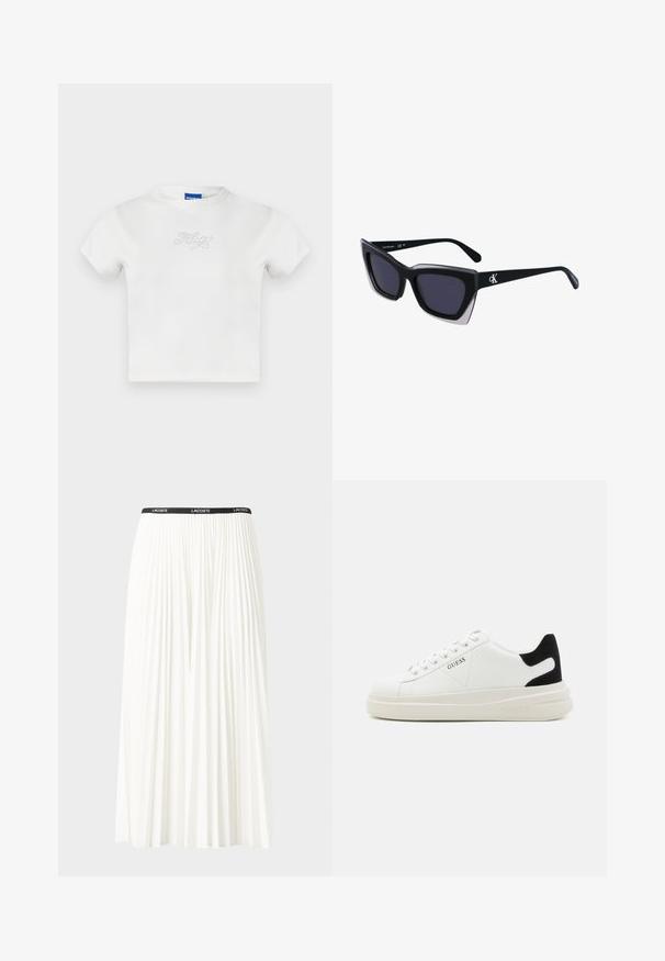 Vit bomull t-shirt med kort ärm och rund halsringning som har "HUGO" i rhinestones framtill. Enkel, avslappnad design.; Fälld vit kjol med svart elastiskt midjeband som har "LACOSTE"-logotypen. Mittenlång design med mjuk textur.; Vita lädersneakers med en tjock vit sula, svartsuede hälaccent och präglad logotyp på sidan. Snörningsdesign med sex öglor.; Svart överdimensionerade solglasögon med geometrisk form, med mörka linser och en kontrasterande grå detalj på ramen. Logotyp på bygeln.