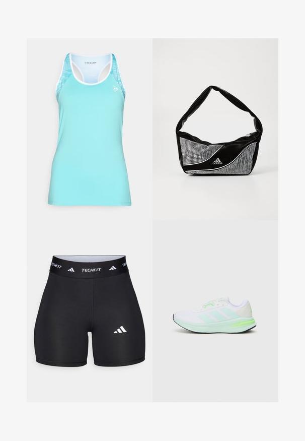 Turquoise athletic tank top featuring a racerback design, white trim, and a patterned accent on the shoulders for enhanced breathability.; Black shorts made from stretchy fabric with a fitted design. Features a wide black waistband labeled "TECHFIT" and a white logo on the leg.; White athletic shoe with mesh upper, lime green accents, and black sole. Features three stripes design on the side and padded collar.; Black and silver adidas handbag with a smooth texture, featuring a shiny studded pattern and a distinctive curved design.