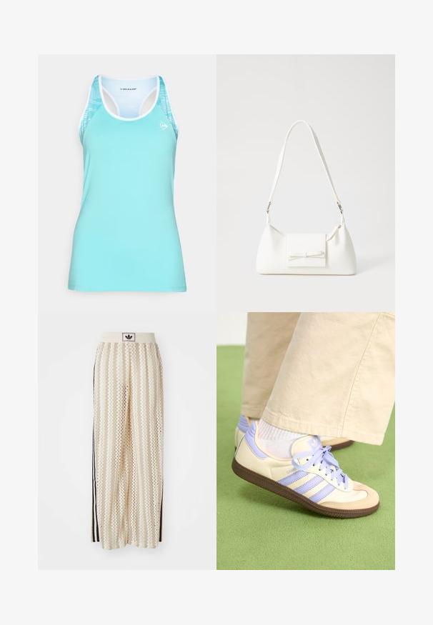 Türkises Sport-Tanktop mit Racerback-Design, weißem Besatz und einem gemusterten Akzent an den Schultern für verbesserte Atmungsaktivität.; Cremfarbene, weit geschnittene Hosen mit einem Zickzackmuster, ausgestattet mit einem schwarzen Logo-Bund und seitlichen schwarzen Streifen. Leichter, strukturierter Stoff.; Cremefarbene und lavendelfarbene Sneakers mit drei Streifen und einer strukturierten braunen Sohle, ausgestattet mit Schnürsenkeln und einer gepolsterten Ferse. Obermaterial aus weichem Stoff.; Weiße synthetische Handtasche in dreieckiger Form, flache Vorderklappe und Schleifendetail, verstellbarer Trageriemen, glatte Textur und minimalistisches Design.