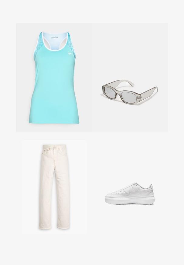 Canottiera sportiva turchese con design a dorso scoperto, rifiniture bianche e un motivo decorativo sulle spalle per una maggiore traspirabilità.; Jeans in denim bianco con design a gamba dritta, stile a cinque tasche e dettagli in metallo rame. Orlo grezzo alla caviglia.; Sneakers bianche con una tomaia in pelle liscia, punta rotonda, dettagli perforati e suola in gomma bianca spessa. Presenta il logo sul lato e lacci piatti.; Occhiali da sole grigi traslucidi con forma rettangolare, lenti piatte e aste spesse. Presentano un sottile dettaglio a cerniera sulle tempie.