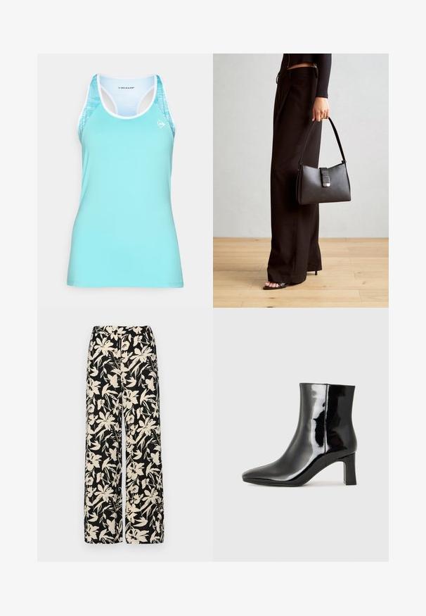 Camiseta deportiva de color turquesa con un diseño de tirantes tipo racerback, ribete blanco y un acento estampado en los hombros para una mayor transpirabilidad.; Pantalones de pierna ancha negros con un patrón floral crema. Fabricados en un tejido ligero, con una textura suave y una cintura alta.; Botín de charol negro con punta afilada y un tacón de bloque de altura media. Textura suave y diseño minimalista.; Bolso negro con forma estructurada, textura suave y un cierre metálico. Combinado con pantalones anchos negros y sandalias de dedo en un suelo de madera.