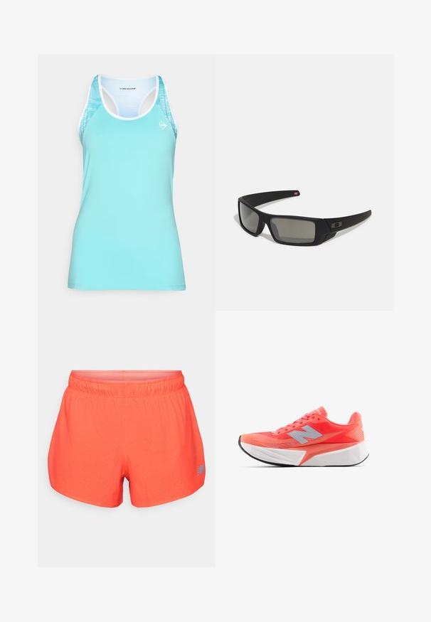 Türkiz színű sportpóló, racerback kialakítással, fehér díszítéssel és mintás akcentusokkal a vállaknál a jobb légáteresztés érdekében.; Férfi futóshort világos korall színben, légáteresztő anyagból, perforált textúrával. Rugalmas derékrésszel és kék logós díszítéssel rendelkezik.; Könnyű futócipő élénk korall színben, hálós felsőrésszel és ezüst logóval. Jellegzetes, textúrált fehér középtalppal és fekete gumitalppal.; Fekete napszemüveg matt felülettel, téglalap alakú lencsékkel, enyhe ívvel a templomokon, diszkrét logó részlettel és füstszínű lencsékkel.