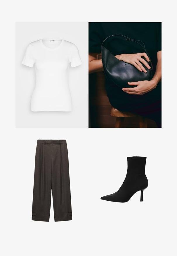 T-shirt bianco in cotone con maniche corte, scollo rotondo e texture a costine. Design aderente con una finitura liscia e pulita.; Pantaloni larghi color marrone scuro con pince sulla parte anteriore, passanti per cintura in vita e orli a risvolto, realizzati in un tessuto liscio.; Stivale alla caviglia nero realizzato in tessuto liscio, con punta appuntita e tacco a stiletto sottile, dal design senza soluzione di continuità e senza hardware visibile.; Borsa a tracolla in pelle nera con una forma a mezzaluna unica. Caratterizzata da un design minimalista, una texture liscia e un logo discreto. Cinghia regolabile.