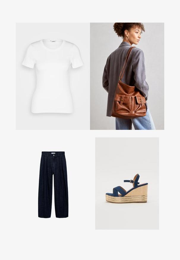Bijela pamučna majica s kratkim rukavima, okruglim izrezom i rebrastom teksturom. Ustrojena kroja s glatkim, čistim završetkom.; Tamno plave široke hlače s plisama na struku, s prednji gumbom i petljama za remen. Glatka tekstura i dizajn punih dužina.; Tamnoplava platform sandalica s križnim trakama, teksturirana platforma od prirodne vlaknaste materije, i zlatni metalni detalj na bazi.; Smeđa kožna torba u obliku kante s dva prednja džepa s kopčama. Torba ima glatku teksturu i podesivu traku.