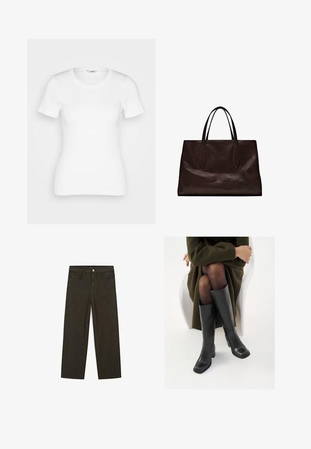 Vit bomullströja med korta ärmar, rund halsringning och ribbad textur. Skräddarsydd design med en slät, ren finish.; Mörkgröna vida jeans i bomullsblandning, med knäppning fram, fem fickor och klassisk denimstickning.; Knähöga svarta läderstövlar med fyrkantig tå och klack i blockmodell, visade med en modell sittande i en olivgrön kappa. Slät textur, minimal detaljering.; Massimo Dutti Handväska - brown