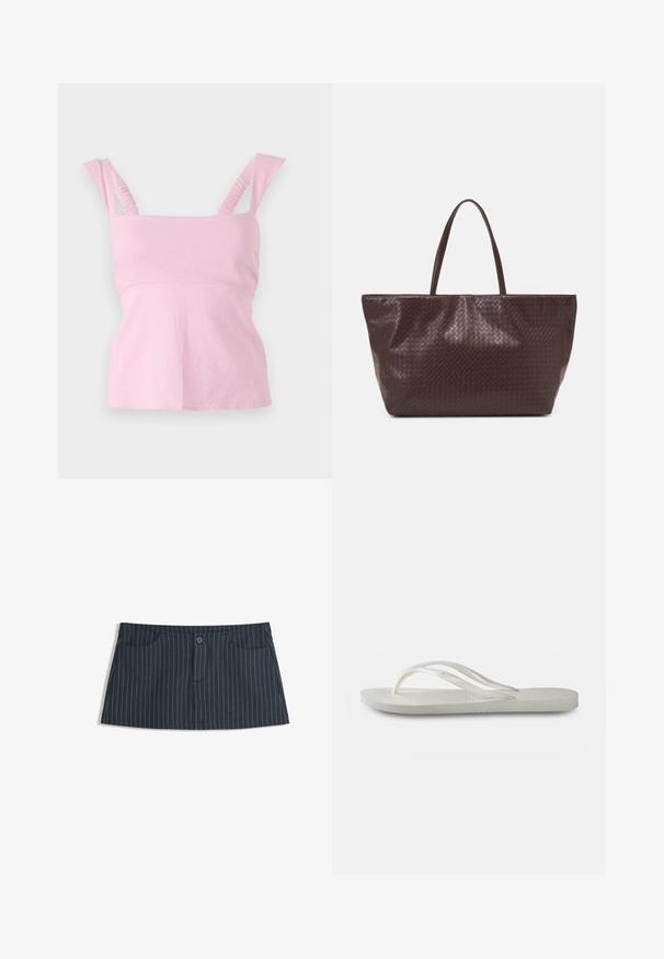 Różowy top bez rękawów z kwadratowym dekoltem. Posiada marszczone ramiączka i dopasowany krój z lekko rozszerzaną dolną częścią.; Granatowa spódnica mini w paski z przednimi kieszeniami i pojedynczym zapięciem na guzik w talii.; Białe klapki z teksturowaną podeszwą, z cienkimi paskami i płaskim fasonem. Wykonane z gumy, z subtelnym logo na wkładce.; Brązowa pleciona torba na ramię ze skórzanym wykończeniem, z dwoma uchwytami, o usztywnionym kształcie i teksturowanej powierzchni, z charakterystycznym wzorem w diamenty.; Złote kolczyki w kształcie okręgów, o smukłej, wydłużonej formie z polerowanym wykończeniem i bezpiecznym zapięciem na zatrzask.