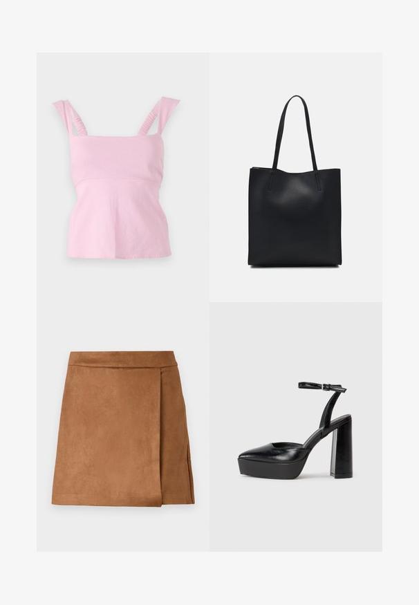 Růžový top bez rukávů se čtvercovým zakoupením. Obsahuje nařasené ramenní popruhy a přiléhavý střih s mírně vykrojeným lemem.; Hnědá semišová mini sukně s překládaným designem, se hladkým povrchem a čistým zakončením na lemu. Bez viditelného kovového vybavení nebo akcentů.; Černé platformové podpatky s špičatou špičkou a nastavitelným kotníkovým popruhem. Vyrobeny z hladké kůže, s masivním blokovým podpatkem.; Černá kožená taška přes rameno s hladkým povrchem, obdélníkovým tvarem a dvěma dlouhými uchy. Žádné viditelné kování ani ozdoby.