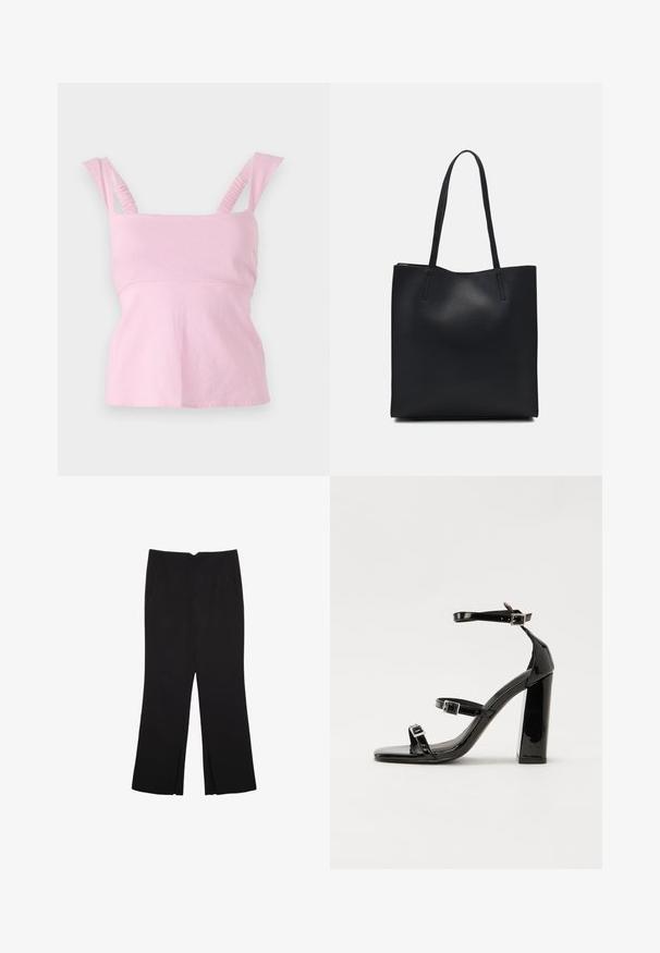 Rosa ärmelloses Oberteil mit quadratischem Ausschnitt. Verfügt über geraffte Schulterträger und eine taillierte Silhouette mit einem leicht ausgestellten Saum.; Schwarze Hose mit geradem Schnitt, ausgestattet mit Fronttaschen und Seitenschlitzen am Saum. Hergestellt aus weichem, glattem Stoff. Geeignet für verschiedene Anlässe.; Schwarze patentierte Sandalen mit Absatz, quadratischer Spitze, Knöchelriemen und silbernen Schnallen. Mit einem stabilen Blockabsatz für mehr Stabilität.; Schwarze Laptoptasche aus Leder mit glatter Textur, rechteckiger Form und zwei langen Griffen. Keine sichtbaren Beschläge oder Verzierungen.