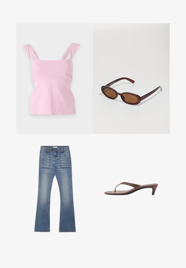 Vaaleanpunainen ilman hihoja oleva toppi neliönmuotoisella kaula-aukolla. Siinä on rypytetty olkaimet ja tiukka siluetti hieman levenevällä helman osalla.; Even&Odd Flared-farkut - blue denim; Kahvoit varrelliset flip-flop sandaalit, joissa on hoikka hihna ja pyöristetty varvasosa, sekä pieni kultainen yksityiskohta pohjalla.; Pyöreät, ruskehtavat aurinkolasit, joissa on kiiltävä burgundinpunainen runko. Kapeat sivut, joissa on hienovarainen brändäys. Litteät linssit.