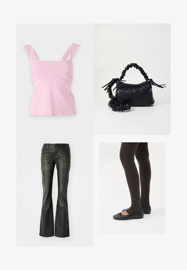 Vaaleanpunainen ilman hihoja oleva toppi neliönmuotoisella kaula-aukolla. Siinä on rypytetty olkaimet ja tiukka siluetti hieman levenevällä helman osalla.; Mustat tekonahkaiset levenevät farkut etutaskuilla, metallinappikiinnityksellä ja hieman teksturoituneella pinnalla. Suora lahje pitkällä leikkauksella.; Mustat matalat kengät, joissa on pieni nauha varpaissa, yhdistettynä tummanruskeisiin ribattuisiin sukkahousuihin. Kengissä on sileä pinta ja matala profiili.; Must-have mustekahvi nahkalaukku krokotiiliaistalla, kiristetty yläosa ja rypistetty hihna. Näyttää pehmeältä ja kompaktilta muotoilultaan.