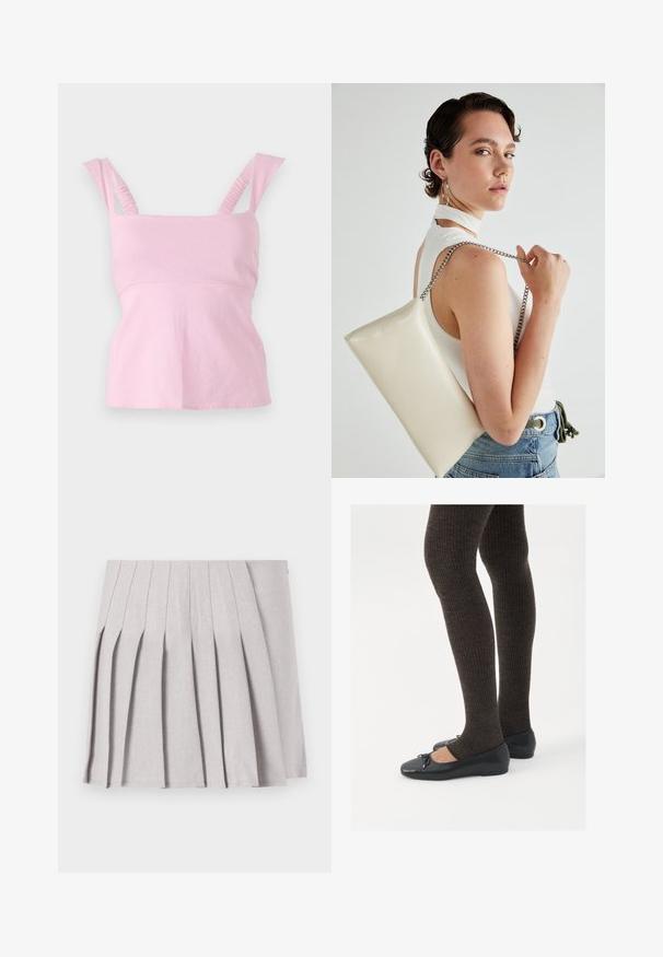Top senza maniche rosa con scollatura quadrata. Presenta spalline arricciate e una silhouette aderente con orlo leggermente svasato.; Gonna pieghettata grigia con una texture liscia, caratterizzata da molteplici pieghe verticali e una vita aderente. Realizzata in un tessuto leggero.; Scarpe nere a flat con un piccolo fiocco sulla punta, abbinate a collant a coste marrone scuro. Le scarpe hanno una texture liscia e un profilo basso.; Borsa a pochette rettangolare bianca realizzata in materiale lucido, con una tracolla in catena argentata. Il modello posa, mostrando la borsa su uno sfondo semplice.