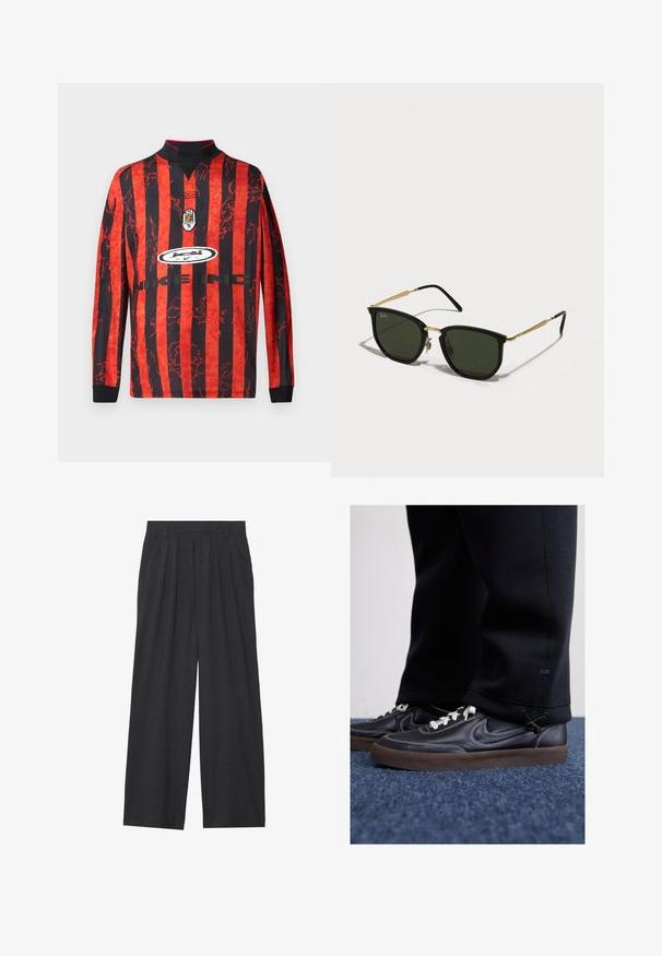 Long-sleeve jersey featuring bold red and black vertical stripes, a collared neck, and graphic prints, with a central logo and brand name.; Wide-leg trousers made of dark gray fabric. Features pleats at the waist, a tailored design, and a straight silhouette.; Nike Sportswear KILLSHOT 2 LTR PRM OPP2 - Trainers - black sail baroque brown mtlc dk grey; Black cat-eye sunglasses with green lenses, gold metal accents, and slender black arms. Textured frame with a bold, geometric design.