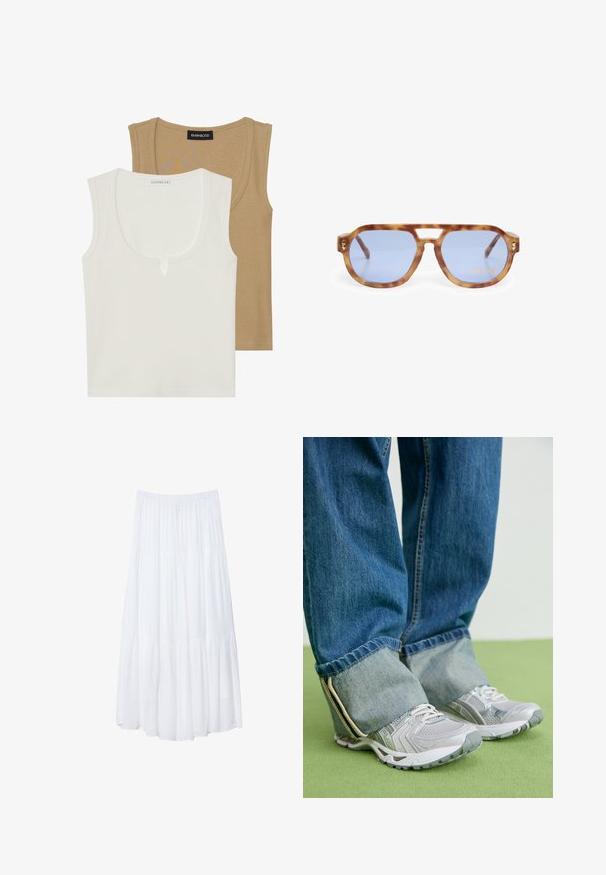 Dve tielka: jedno krémové s okrúhlym výstrihom a jemným detailom vpredu, druhé svetlohnedé, obe s rebrovanou textúrou a širokými ramienkami.; Biela, tierovaná maxi sukňa vyrobená z ľahkej tkaniny. Má elastický pás a voľný dizajn s jemnou, subtílnou textúrou.; Šedé športové topánky z priedušného materiálu s bielymi akcentmi, v kombinácii s modrými rifľovými nohavicami, ktoré sú na členkoch ohnuté.; Slnkové okuliare z želvoviny s modrými sklami, uhlovým dizajnom, hrubým rámom a vyrezaným nosovým mostíkom; obsahujú zlatý akcent na spánku.