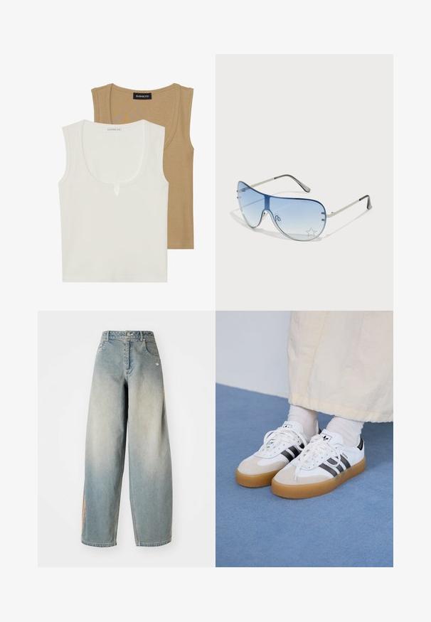 Divi topi: viens krēmkrāsas ar apaļu kakla izgriezumu un nelielu priekšējo detaļu, otrs gaiši brūns, abi ar ribotu tekstūru un platām siksnām.; Gai zilo denimu platās kājas džinsi ar izbalējušu apdari. Iekļauj priekšējos kabatas, pogu aizdari un nedaudz pamanāmu logotipu jostasvieta.; Baltas sporta apavi ar melnām svītrām un beisīgo zamšādu akcentiem. Ievies struktūrētu gumijas zoli un izkārtotas baltas šnerves, valkāti ar gaišiem zeķēm.; Pilotstila saulesbrilles ar gradienta zilām lēcām, sudraba metāla rāmjiem un dekoratīvām zvaigžņu akcentiem uz lēcām. Gluda un eleganta dizaina.