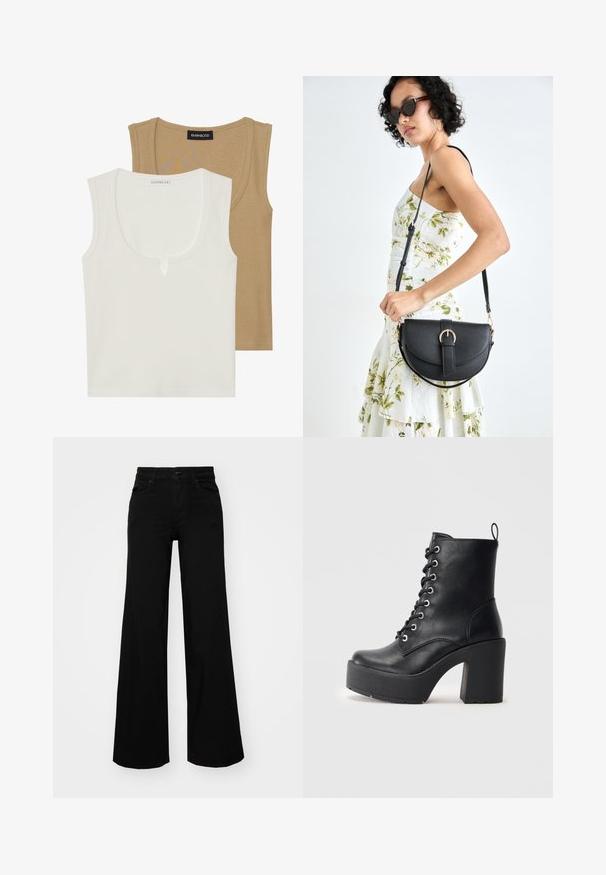 Kaks tanki: üks koorevärvi, ümarate krae ja kerge esikujundusega, teine helepruun, mõlemad ribatekstsuurusega ja laiate õlapaeladega.; Mustad mustad püksid, mis on valmistatud denimist, struktuurse vöökohtade, vöökootidega ja esikottidega. Sile tekstuur klassikalise disainiga.; Must mustaankelisaapad, millel on paks plokkkonts, paeltega esiosa ja tekstuurpind. Tagaküljel on lihtsaks jalga panemiseks silmus.; Mustmust mustraha kõverate joontega, eemaldatava rihmaga ja kuldsete detailidega. Kotil on klapp, millel on pandladetail.