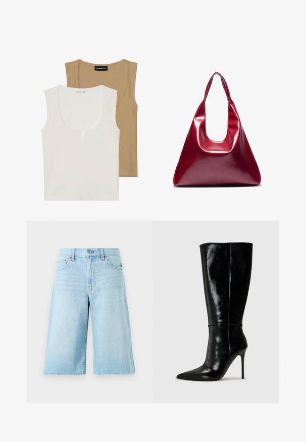 Zwei Trägershirts: eines in Creme mit Rundhalsausschnitt und leichtem Vorderdesign, das andere in Hellbraun, beide mit geripptem Material und breiten Trägern.; Helle blaue Denim-Shorts mit lockerer Passform, ausgefranstem Saum, fünf Taschen und Metallbeschlägen. Klassisches Jeansdesign mit subtilen Ausbleichungen.; Schwarze Leder-Knielange Stiefel mit spitzem Schuh und hohem Stiletto-Absatz. Glatte Textur und elegantes Design, das sich durch minimale Details auszeichnet.; Rote glänzende Lederhandtasche mit dreieckiger Form, breiter Öffnung oben und einem geschwungenen Griff. Glatte Textur mit minimalen Nähdetails.; Set von silbernen Ohrringen mit verschiedenen Designs: Creolen, Stecker und hängende Stile, mit Kugelakzenten und spitzen Elementen.