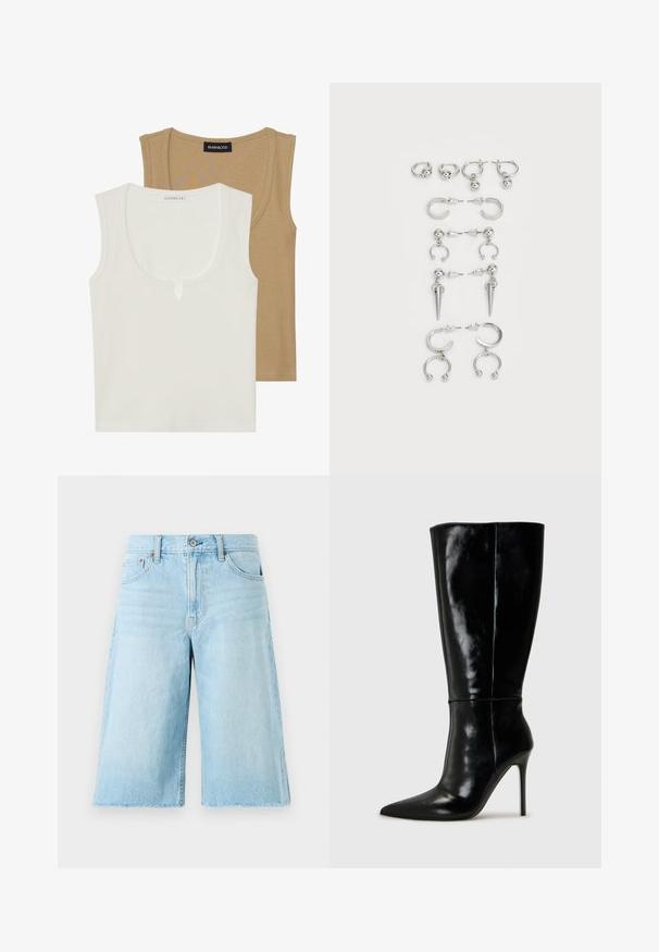 To tank top: en kremfarge med rund utringing og lett detalj foran, den andre lys brun, begge med ribbestrikket tekstur og brede stropper.; Lyseblå denimshorts med løs passform, frynset kant, fem lommer og metallbeslag. Klassisk jeansdesign med subtil falming.; Sorte skinnkne-høye støvler med spiss tå og høye stiletthæler. Glatt tekstur og elegant design, med minimal detaljering.; Sett med sølvringer som har forskjellige design: hoops, stift og hengende stiler, med kuleakenter og spisse detaljer.
