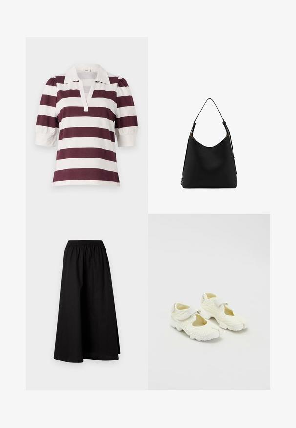 Polohemd mit kurzen Ärmeln in burgunderroten und weißen horizontalen Streifen, mit einem kragenlosen Halsauschnitt und gepufften Ärmeldetails.; Schwarzer, knielanger Rock aus leichtem Material mit elastischem Bund und entspannter, A-Linien-Silhouette. Hat keine sichtbaren Muster.; Weiße Mesh-Schuhe mit einem strukturierten Design, ausgestattet mit einem Klettverschluss und ausgeschnittenen Seiten, strukturiertem Stoff und einer klobigen Sohle.; Schwarze Leder-Schultertasche mit glatter Textur, geschwungener Form und einem verstellbaren Tragegurt. Verfügt über ein minimalistisches Design und eine offene Oberseite.