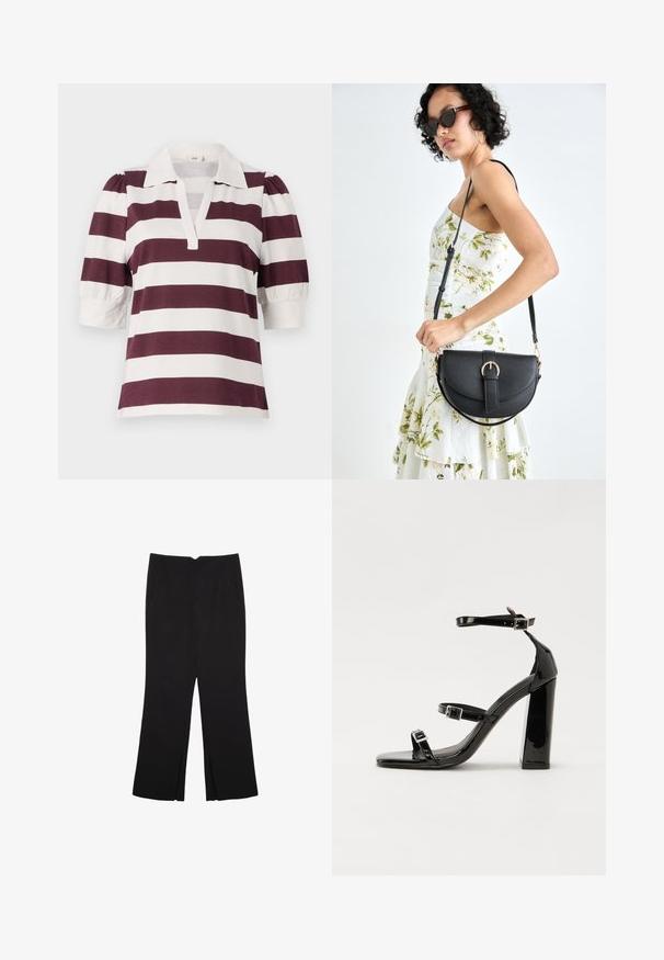 Polo majica kratkih rukava s bordo i bijelim horizontalnim prugama, s ovratnikom i detaljima napuhane rukave.; Crne hlače ravnog kroja, s prednjim džepovima i bočnim prorezima na rubu. Izrađene od mekog i glatkog materijala. Pogodne za razne prigode.; Crne lakirane sandale na visoku petu s dva remena s kopčama, kvadratnim vrhom i masivnom blok petom, s glatkom, sjajnom teksturom.; Crna kožna torba s lukovitim oblikom, odvojivim remenom i zlatnim detaljima. Torba ima preklop s kopčom.