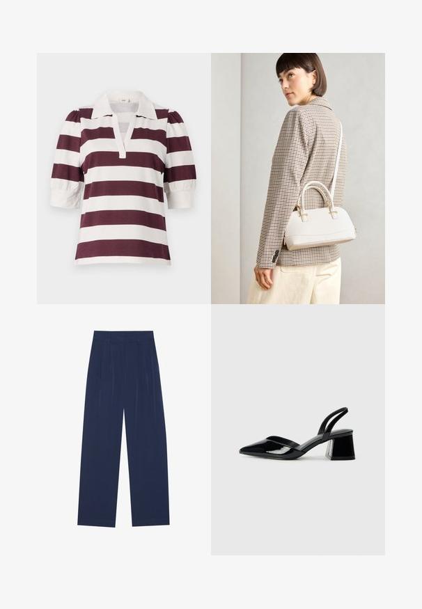 Tricou polo cu mânecă scurtă, cu dungi orizontale bordeaux și albe, având un guler și detalii cu mâneci pufoase.; Pantaloni largi de culoare bleumarin, confecționați dintr-un material moale, cu pliseuri frontale, o textură netedă și o croială dreaptă, fără buzunare vizibile.; Pantofi cu toc slingback din piele lacuită neagră, cu vârf ascuțit și toc geometric. Prezintă un design elegant, minimalist și o textură netedă.; Geantă structurată albă, cu mânere scurte și curea de umăr, având accente din metal aurit și material texturat, expusă pe un fundal gri.