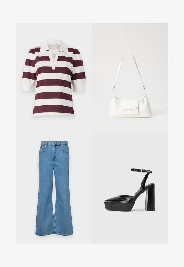 Lühikeste varrukatega polo särk burgundi ja valgete horisontaalsete triipudega, millel on kaelus ja puhvvarrukad.; Heledad sinine flared teksade rõivad, millel on kõrge talje, viis taskut ja üks nupulukk. Pehme tekstuur ja pleekinud viimistlus.; Mustad platvormi kontsad terava ninaga ja reguleeritava pahkluuraamiga. Valmistatud siledast nahast, funktsioneerib massiivse plokknäheeliga.; Valge sünteetilisest materjalist kott kolmnurkse kujuga, lame esiklapiga ja kaaredetailiga, reguleeritava rihmaga, sileda tekstuuriga ja minimalistliku disainiga.