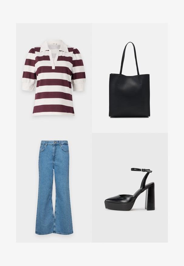 Rövid ujjú pólóing bordó és fehér vízszintes csíkokkal, galléros nyakkal és puffos ujjak részleteivel.; Világoskék, trapézszárú farmernadrág, magas derékkal, öt zsebbel és egy gombos záródással. Puha tapintású, magasított effektusú anyag.; Fekete platform magassarkú cipők hegyes orral és állítható bokapánttal. Sima bőrből készült, vastag talppal.; Fekete bőrtáska sima felszínnel, téglalap alakú, két hosszú füllel. Nincs látható fémkiegészítő vagy díszítés.