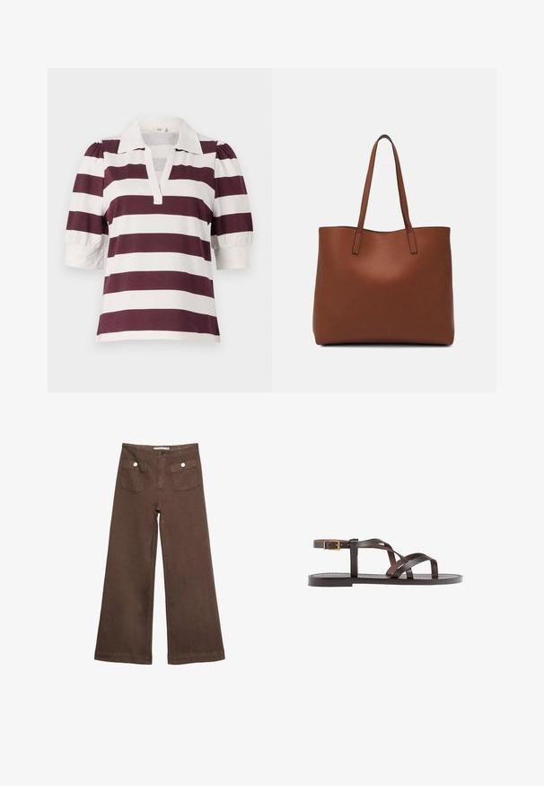 Polohemd mit kurzen Ärmeln in burgunderroten und weißen horizontalen Streifen, mit einem kragenlosen Halsauschnitt und gepufften Ärmeldetails.; Braune weit geschnittene Hosen aus Baumwolle, mit zwei Fronttaschen mit silbernen Knöpfen und einer glatten Textur.; Braune Leder-Sandale mit überkreuzten Riemen, einem Knöchelriemen mit Schnalle und einer flachen Sohle mit minimalen Nähdetails.; Braune Leder-Tote mit glatter Textur, offenem Oberteil und zwei Schulterriemen. Verfügt über minimale Nähte und keine sichtbaren Beschläge.