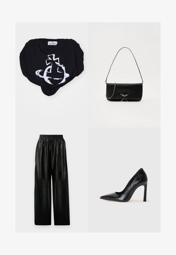 Vivienne Westwood STENCIL HEART  - T-shirt estampada - black; Calças largas de couro preto com cintura elástica, apresentando dois bolsos laterais e uma textura suave e brilhante.; Sapato de salto alto de bico fino preto com textura de pele de crocodilo, apresentando um design elegante, salto agulha alto e interior preto suave.; Saco de couro preto com uma alça de corrente prateada, apresentando ornamentos em forma de asas e costura branca ao longo da costura inferior.