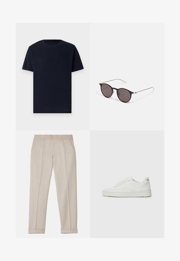 Navy blue cotton T-shirt with short sleeves, round neckline, and a smooth texture. Simple design, no patterns or graphics.; Filippa K TERRY CROPPED TROUSERS - Trousers - sage melange; White leather sneaker with a smooth finish, round toe, flat laces, and a textured sole. Features a subtle logo on the heel.; Black round sunglasses with dark lenses and slim metal arms. Includes clear temple tips and silver accents at the hinge. Minimalist design.