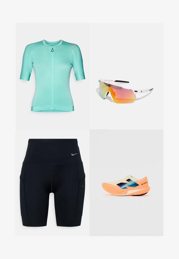 Īsām piedurknēm velosipēdu krekls gaismas tirkīza krāsā ar priekšējo rāvējslēdzēju, strukturētu audumu un logotipa akcentu uz pleca.; Melni augsto vidukļa sporta šorti, izgatavoti no elastīga materiāla; satur sānu kabatas un mazu Nike logo uz jostas.; Skriešanas apavi ar vieglu krēmkrāsas augšdaļu, zilu zīmolu un oranžiem akcents uz zoles. Acu tekstūra gaisa caurlaidībai.; Sweet Protection SHINOBI UNISEX - Saulesbrilles - rig topaz/satin white