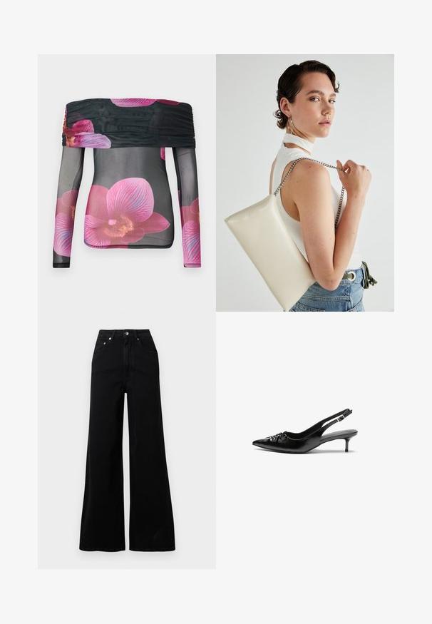 Top s dlhými rukávmi a odhalenými plecami z priehľadnej čiernej látky s jasne ružovým vzorom orchideí a zhromaždeným detailom na golieri.; Čierne džínsy s širokými nohavicami vyrobené z denimu, s vysokým pásom, piatimi vreckami, zapínaním na predné gombíky a minimálnymi detailmi šitia.; Čierne kožené slingback podpätky s ostrou špičkou, malým podpatkom a dekoratívnym uzlom vpredu. Hladký povrch po celom obvode.; Biely obdĺžnikový kabelka z lesklého materiálu s strieborným reťazovým popruhom. Model predvádza kabelku na jednotnom pozadí.