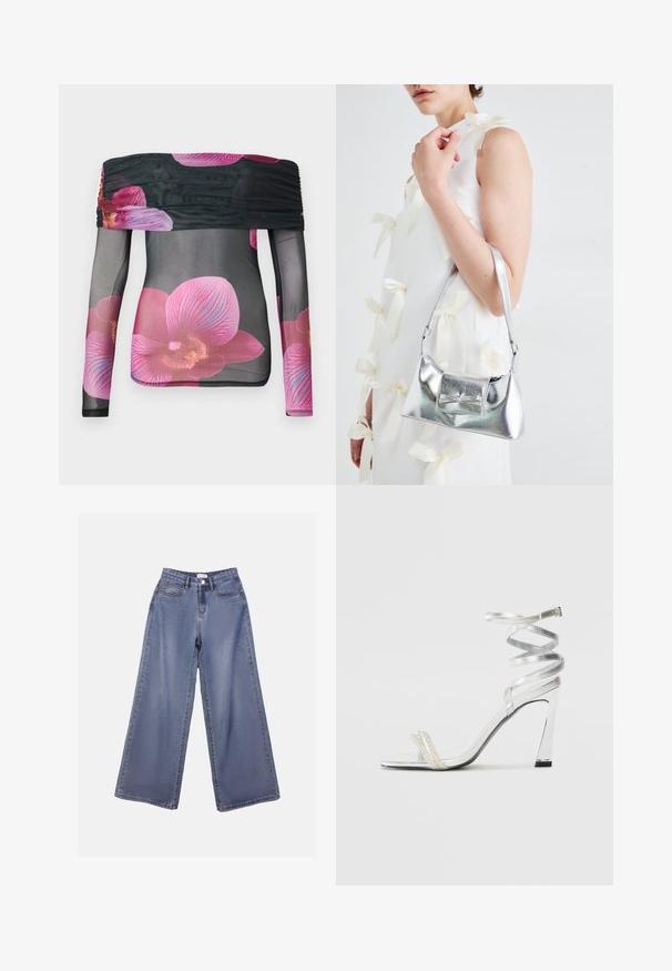 Plecu atklājoša gara piedurkne augšdaļa, kas izgatavota no caurspīdīga melna auduma ar spilgti rozā orhideju ziedu rakstu un savilktu akcentu pie kakla.; Platas kājas denima bikses gaiši zils mazgājumā, ar augstu jostasvietu, priekšējām kabatām un pogu aizdari ar jostas cilpiņām.; Sudrabaini augstpapēžu sūna ar spīdīgu siksnu dizainu, kurā ir pērlēm līdzīgs akcents un spirālveida potītes siksna drošai pieguvei.; Sudraba metāla rokassoma ar struktūru formu, aprīkota ar augšējo rokturi un priekšpusē esošu loku. Gluda tekstūra, atstarojoša virsma.