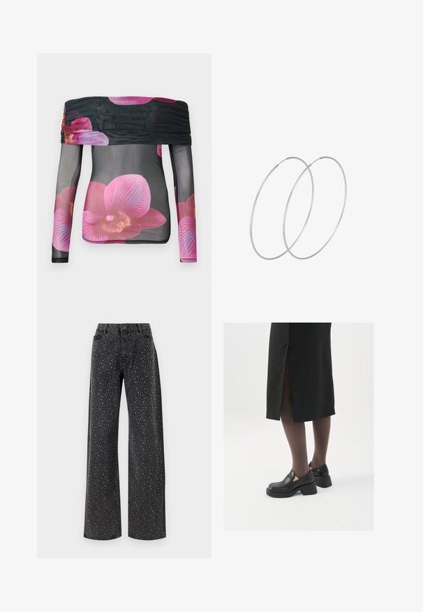 Õlavarrelt avatud pikkade varrukatega topp, mis on valmistatud läbipaistvast mustast kangast, millel on erksad roosa orkidea lillemustrid ning kortsutatud detail kaeluse juures.; Noisy May NMJANNEL LOOSE - Avar lõikega teksad - black denim; Mustad mustad jalatsid ümmarguse varbaga, paksu plokkniidi ja elastsete külgdetailidega, kombineeritud tumedate sukkade ja musta lõhikuga seelikuga.; Hõbedased rõngastikkaehingad minimalistlikus disainis. Ümar kuju, sile tekstuur ja õhuke profiil. Kerged ning poleeritud viimistlusega.