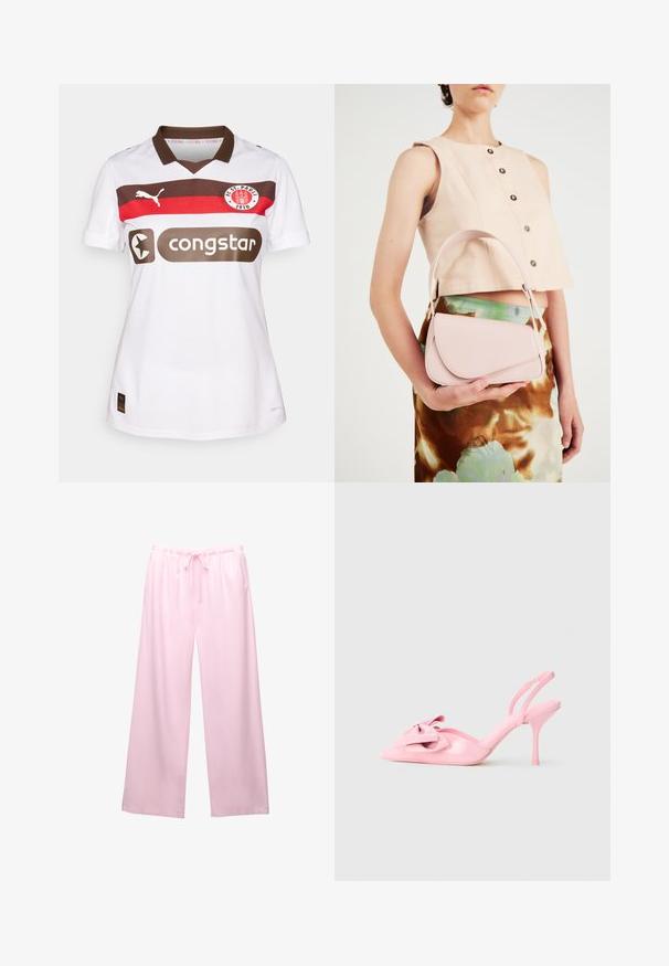 Bílý fotbalový dres s hnědými a červenými vodorovnými pruhy. Obsahuje logo Puma, branding 'congstar' a odznak FC St. Pauli na hrudi.; Světle růžové kalhoty s širokými nohavicemi, vyrobené z měkké tkaniny, s elastickým pasem a šňůrkou pro nastavitelnou velikost.; Růžové lakované slingback podpatky s špičatou špičkou, dekorační mašlí vpředu a štíhlým stiletto podpatkem. Hladká textura.; Růžová kožená kabelka s zakřiveným klopou, jedním ramenním popruhem a čistými liniemi. Taška má hladkou texturu a minimalistický design.