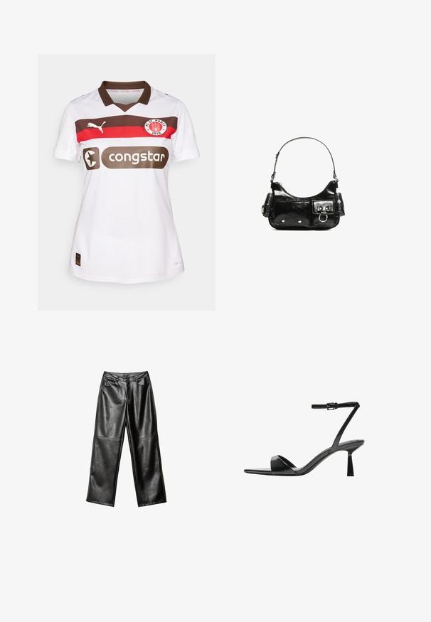 Valkoinen jalkapallopaita, jossa on ruskeat ja punaiset vaakaraidat. Paidassa on Puma-logo, 'congstar'-brändäys ja FC St. Paulin merkki rinnassa.; Mustat nahkaiset leveälahkeiset housut, joissa on sileä pinta, viiden taskun muotoilu ja ommeltu yksityiskohtia lahkeissa ja vyötäröllä.; Bershka Korolliset sandaalit - black; Mustekko mustasta kiiltonahasta valmistettu käsilaukku, jossa on kaareva muoto, yksi olkahihna, etutaskut ja hopeanväriset yksityiskohdat.