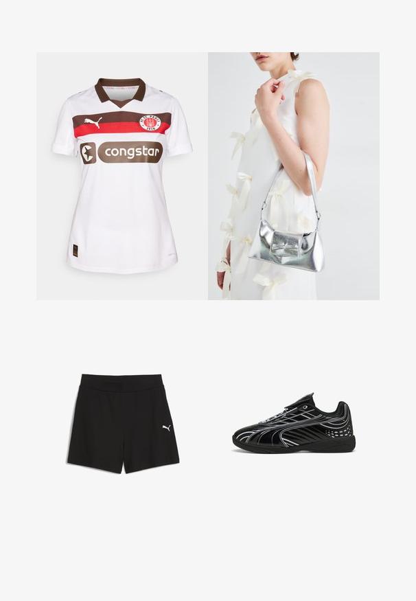 Valkoinen jalkapallopaita, jossa on ruskeat ja punaiset vaakaraidat. Paidassa on Puma-logo, 'congstar'-brändäys ja FC St. Paulin merkki rinnassa.; Mustat shortsit, jotka on valmistettu ribbimäisestä kankaasta, laaja joustava vyötärö ja pieni valkoinen Puma-logo vasemmassa alareunassa.; Musta urheilujalkine, jossa on tyylikäs muotoilu, kiiltävä pinta, valkoiset yksityiskohdat, verkkomaiset paneelit hengittävyyttä varten ja tarranauha.; Harmaa metallinhohtoinen käsilaukku, jossa on jämäkkä muotoilu. Laukussa on yläkahva ja etuosassa kauniisti koristeena solmukkeen yksityiskohta. Pinnassa on sileä tekstuuri ja heijastava viimeistely.