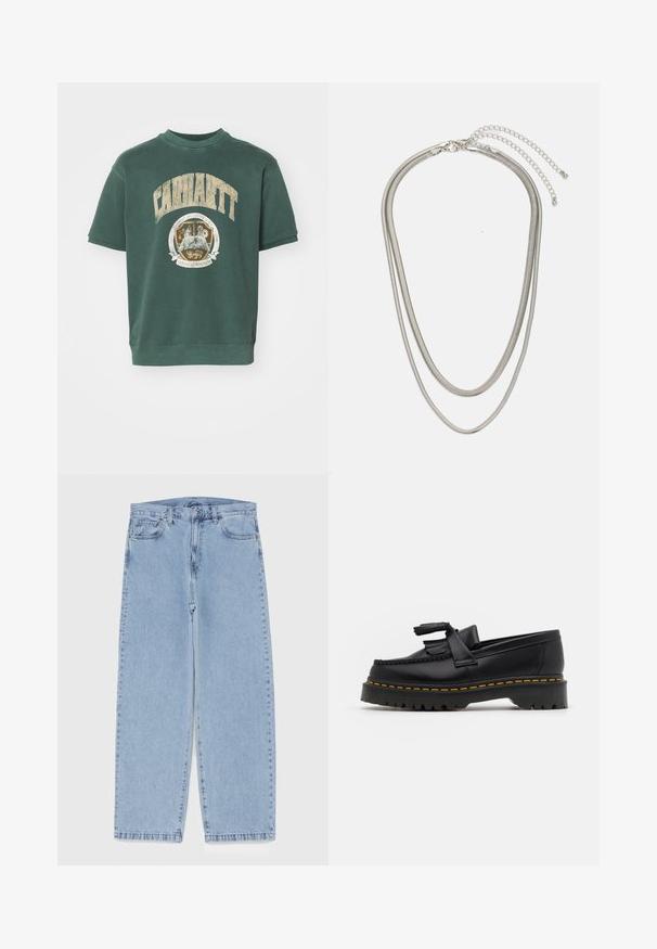 Zaļš kokvilnas maisījuma īsām piedurknēm sporta krekls ar lielu Carhartt logotipu un apaļu grafiku uz priekšpuses. Mīksta, teksturēta auduma.; Gai zila džinsu bikses ar taisnu kāju dizainu, kas piedāvā vidēju vidukļa augstumu, piecas kabatas un pogas un rāvējslēdzēja aizdari.; Melnas ādas mokasīni ar pērlītēm uzsvaru, ar masīvu melnu zoli un dzeltenu šuvumu gar malu. Ar teksturētu apdari.; Trīslīmeņu sudraba metāla kaklarota ar gludām, elastīgām ķēdēm, kas spīd, droši piestiprināta ar omā uzgali un regulējamu ķēdi.