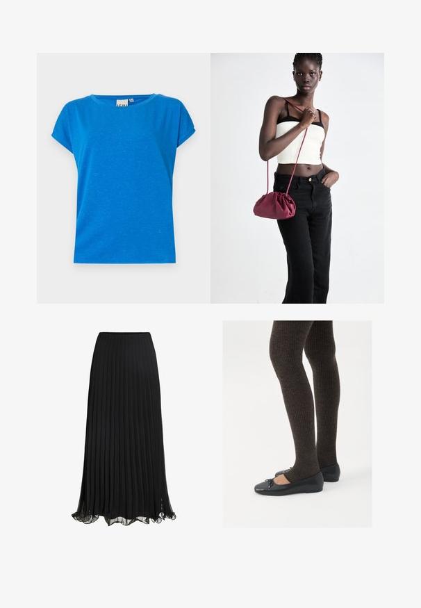 Sinine lühikeste varrukatega t-särk pehmest kangast, millel on mugav lõige. Ümar kaelus ja kerge tekstuur koos kergete laikudega külluses.; Must mustriga mustritega maxi seelik, mis on valmistatud kergest kangast ja voolavast disainist. Omab volangiga äärt ja elastset vöökohta mugavuse tagamiseks.; Mustad mustad kingad väikese teksaga varvaste juures, koos tumedate pruunide ribakangastega. Kingadel on sile tekstuur ja madal profiil.; Burgundia pehmeast kangast käekott, millel on kokkuvõetud disain ja pikk rihm, kantud üle keha. Mudel kannab valget crop-topi ja musti teksaseid.