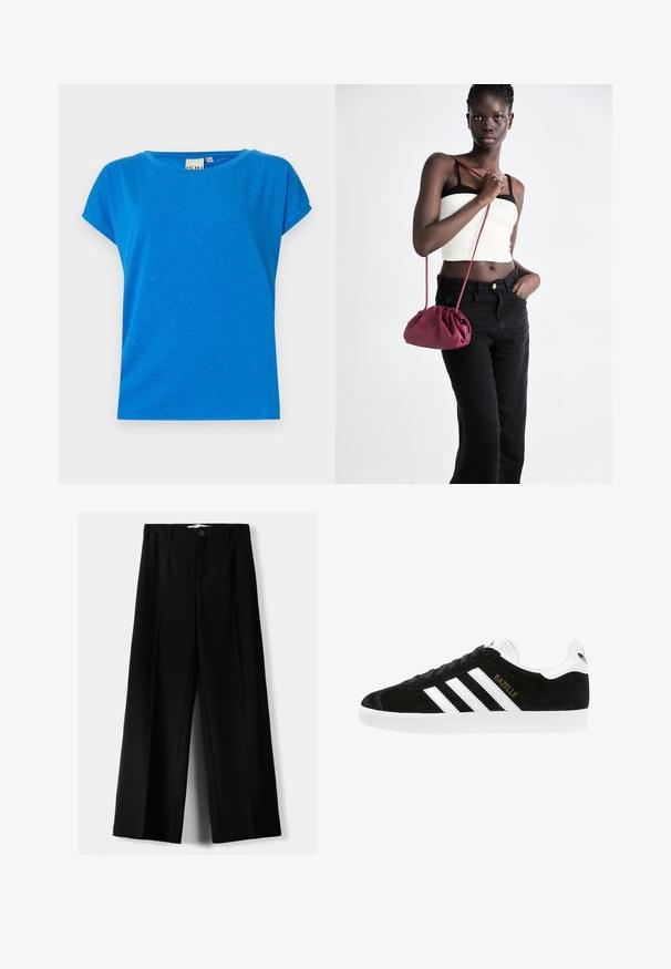 Modré tričko s krátkým rukávem vyrobené z měkké tkaniny s uvolněným střihem. Kulatý výstřih a jemná textura s lehkými skvrnami po celém povrchu.; Černé široké kalhoty z lehkého materiálu s předním zapínáním na knoflík a hladkým předním dílem, s pečlivě přišitými lemy.; Černé semišové tenisky se třemi bílými pruhy, zlatým nápisem "Gazelle", bílou gumovou podrážkou a zpevněným límcem.; Burgundská měkká taška s nabíraným designem a dlouhým popruhem, nošená přes tělo. Model má na sobě bílý crop top a černé džíny.; Dvoje zlatých prstenů je vystaveno, jeden je silný a zaoblený, druhý tenký a plochý. Oba mají hladký, lesklý povrch s leštěným povrchem.