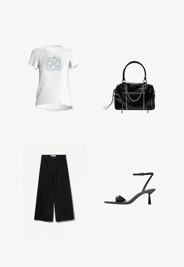 Witte t-shirt met korte mouwen met een teal geometrisch logo ontwerp in het midden. Gladde stof met een ronde halslijn en een gebogen zoom.; Bershka WIDE-LEG - Wide leg - black; Bershka Sandalen met hoge hak - black; Bershka WITH CHAIN - Handtas - black